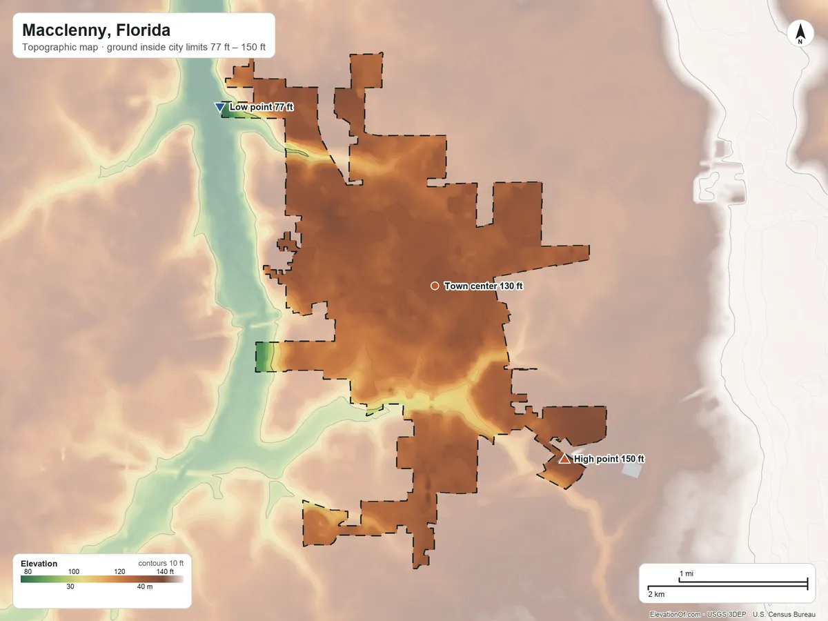 Topographic elevation map of Macclenny, Florida, shaded from 77 ft on the northwest side to 150 ft on the southeast side