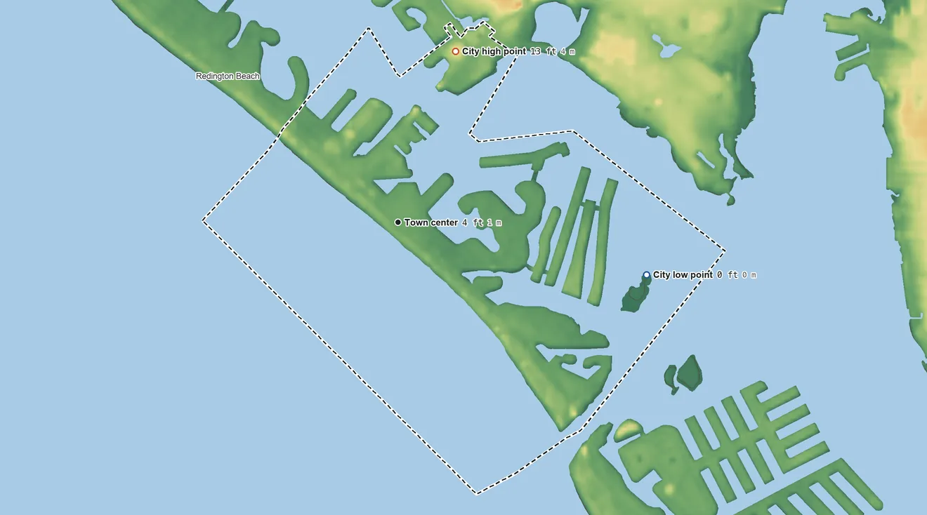 Topographic elevation map of Madeira Beach, Florida, shaded from sea level level on Boca Ciega Bay to 13 ft on the north side
