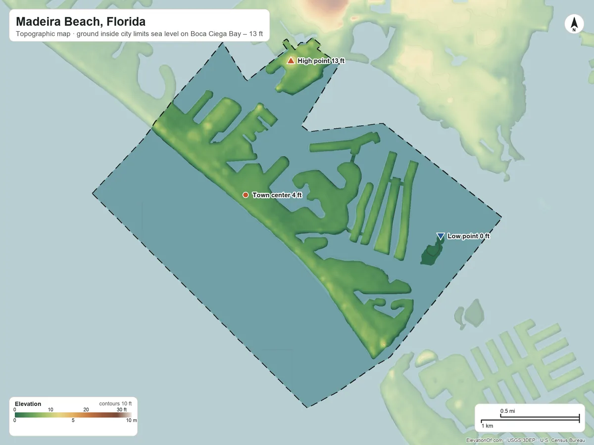 Topographic elevation map of Madeira Beach, Florida, shaded from sea level level on Boca Ciega Bay to 13 ft on the north side