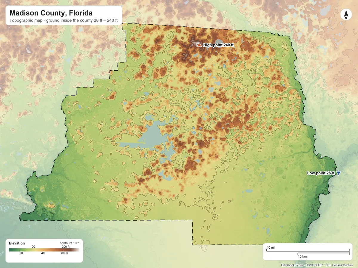 Topographic elevation map of Madison County, Florida, shaded from 28 ft on the east side to 240 ft on the north side