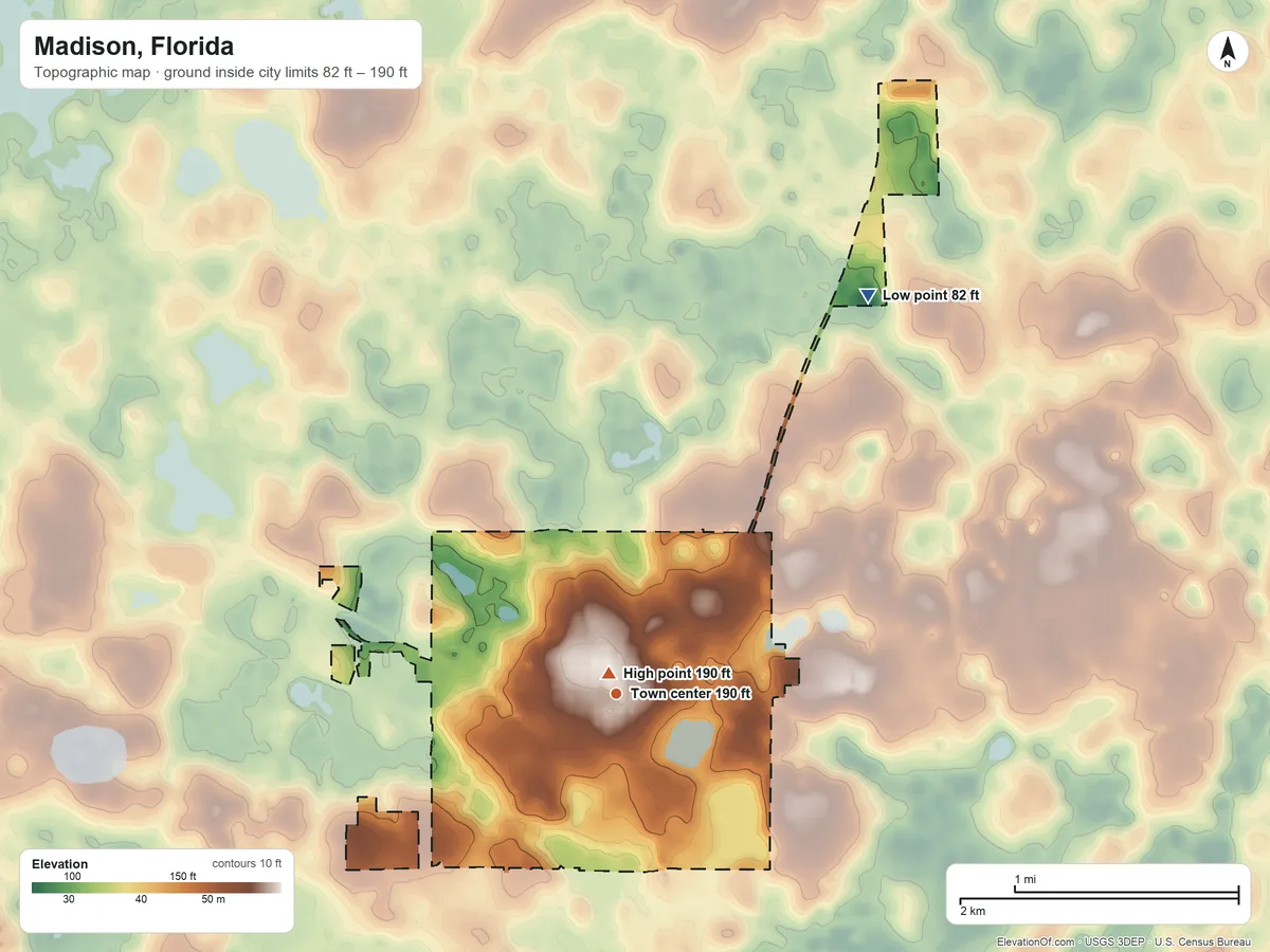 Topographic elevation map of Madison, Florida, shaded from 82 ft on the northeast side to 190 ft near the middle