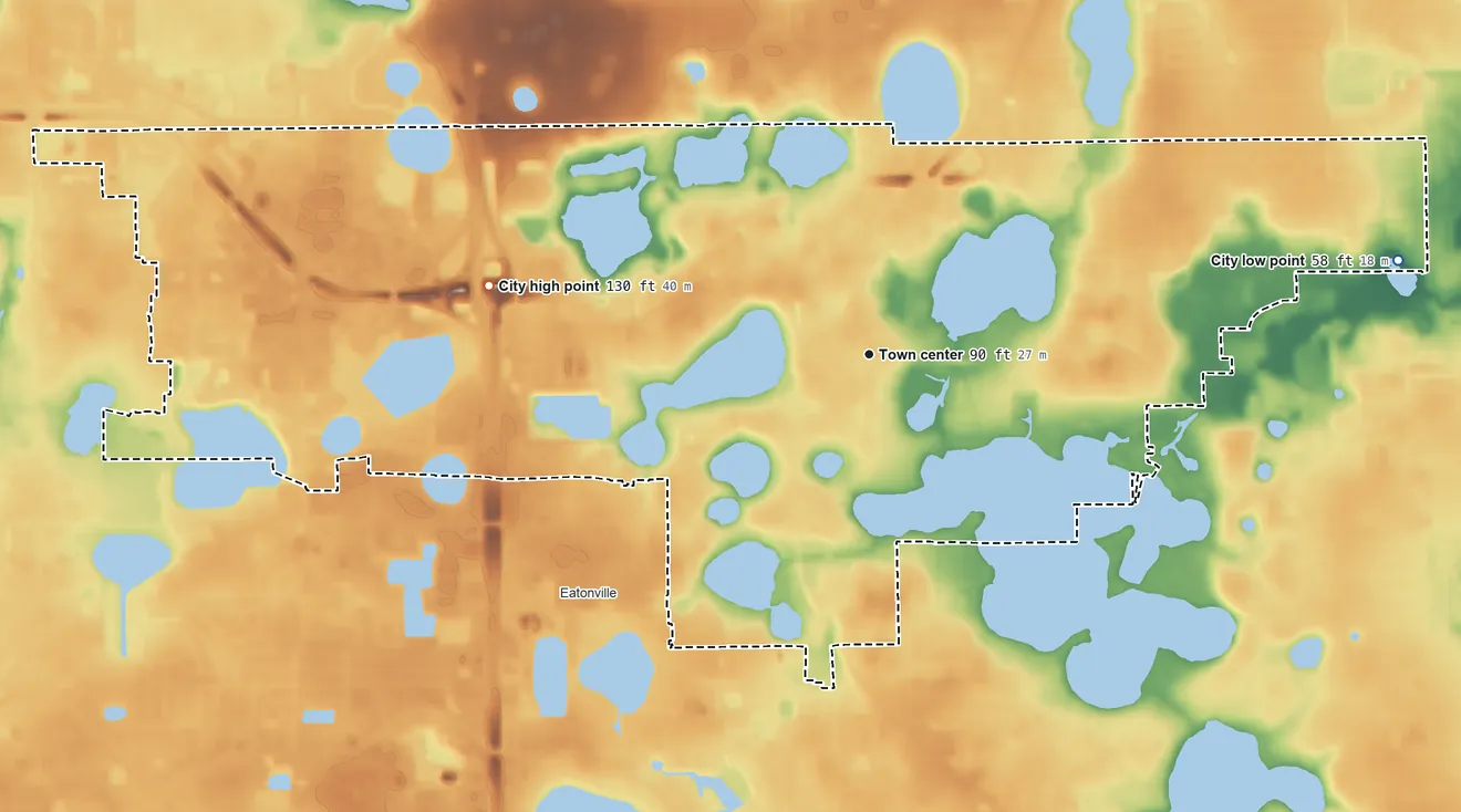 Topographic elevation map of Maitland, Florida, shaded from 58 ft on the east side to 130 ft on the west side