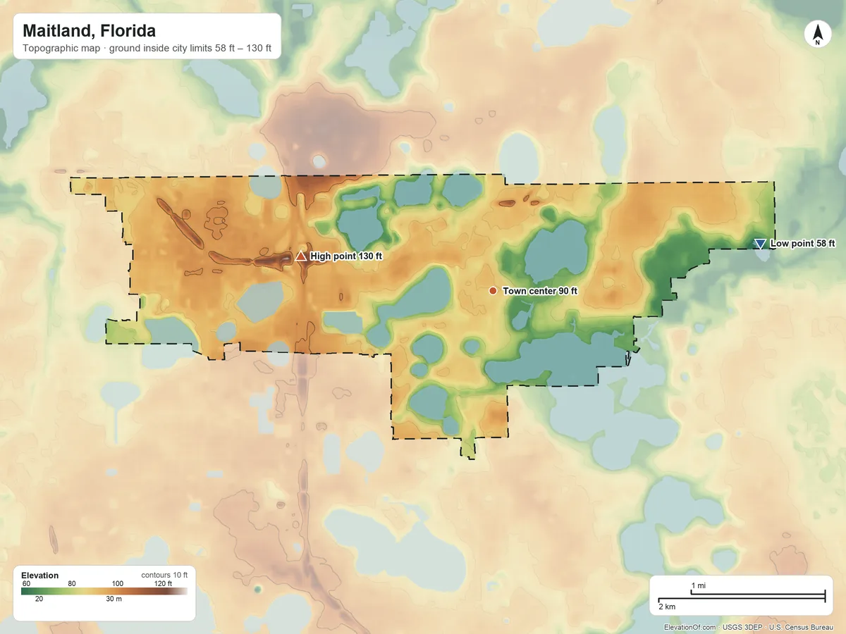Topographic elevation map of Maitland, Florida, shaded from 58 ft on the east side to 130 ft on the west side