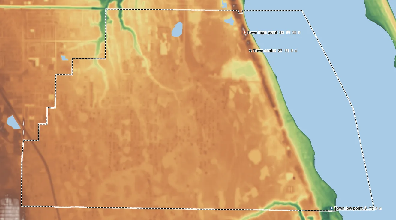 Topographic elevation map of Malabar, Florida, shaded from 0 ft on the southeast side to 38 ft near the middle