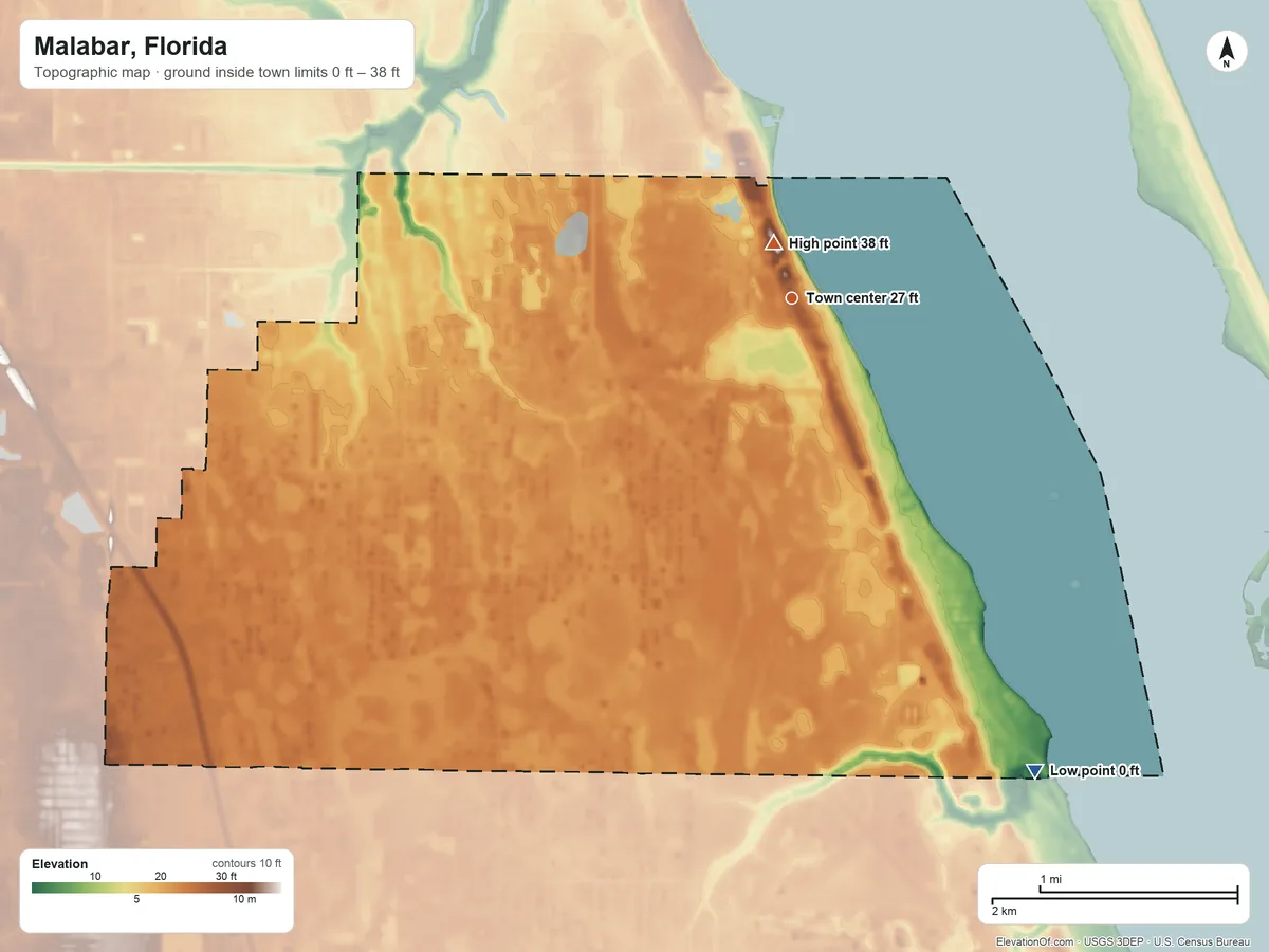 Topographic elevation map of Malabar, Florida, shaded from 0 ft on the southeast side to 38 ft near the middle