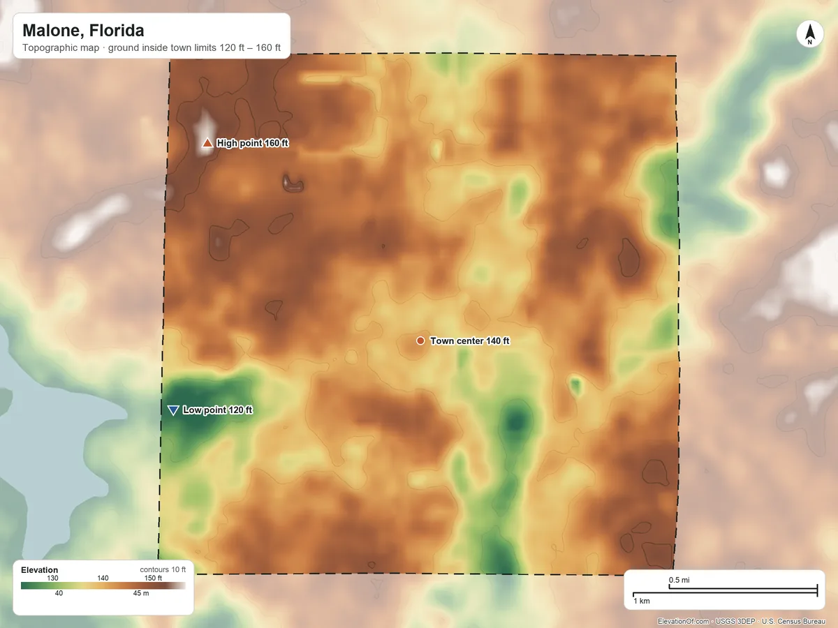 Topographic elevation map of Malone, Florida, shaded from 120 ft on the west side to 160 ft on the northwest side