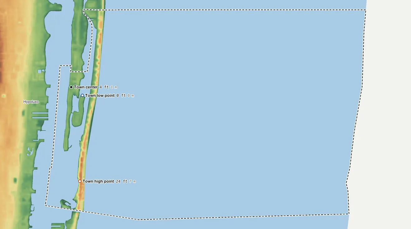 Topographic elevation map of Manalapan, Florida, shaded from sea level level on the Atlantic Ocean to 24 ft on the south side