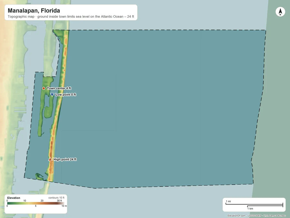 Topographic elevation map of Manalapan, Florida, shaded from sea level level on the Atlantic Ocean to 24 ft on the south side