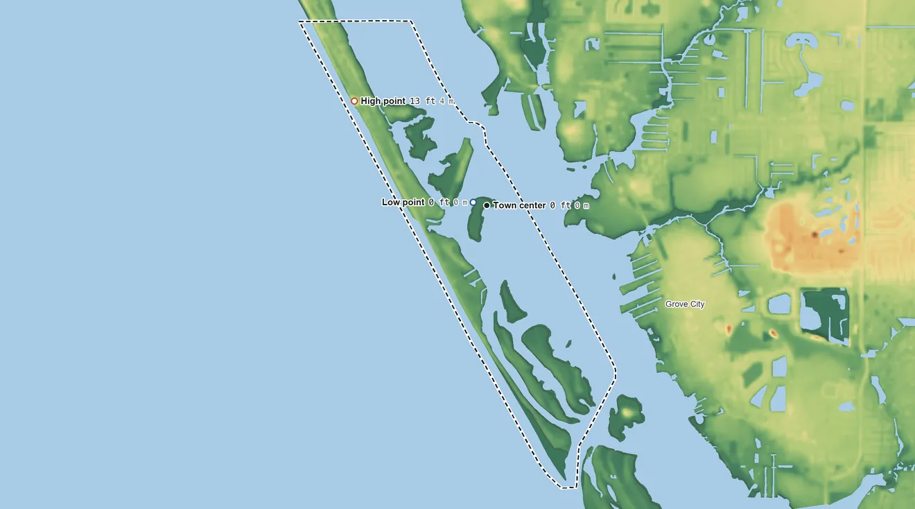 Topographic elevation map of Manasota Key, Florida, shaded from sea level level on Lemon Bay to 13 ft on the northwest side