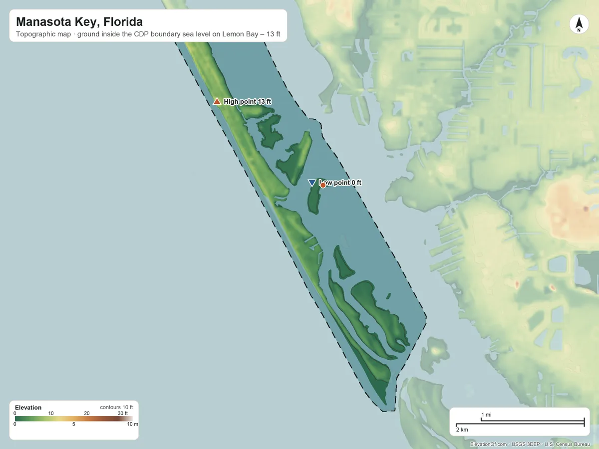 Topographic elevation map of Manasota Key, Florida, shaded from sea level level on Lemon Bay to 13 ft on the northwest side