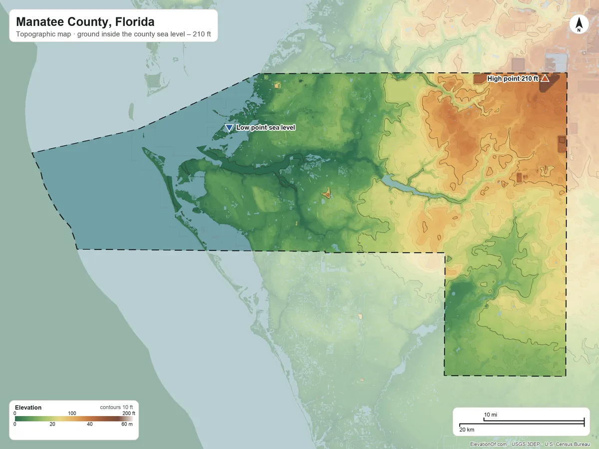 Topographic elevation map of Manatee County, Florida, shaded from sea level on Miguel Bay to 210 ft on the northeast side