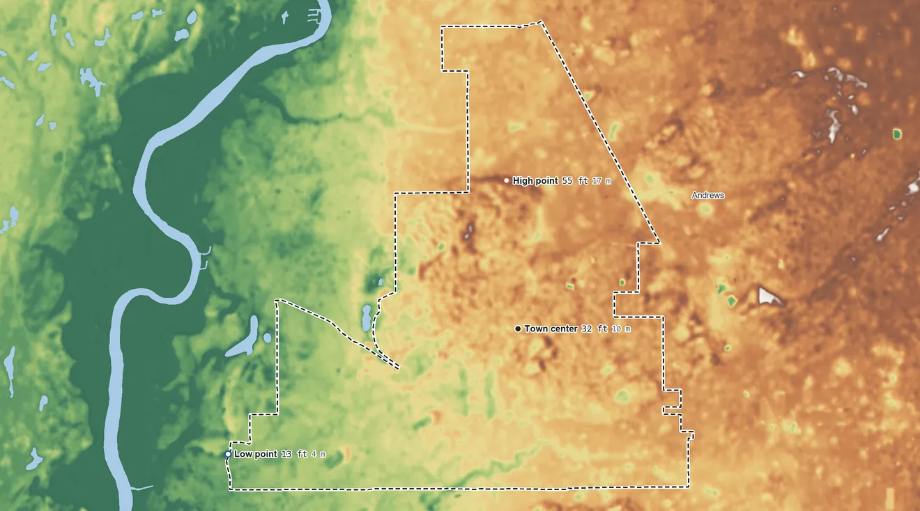 Topographic elevation map of Manatee Road, Florida, shaded from 13 ft on the southwest side to 55 ft on the north side