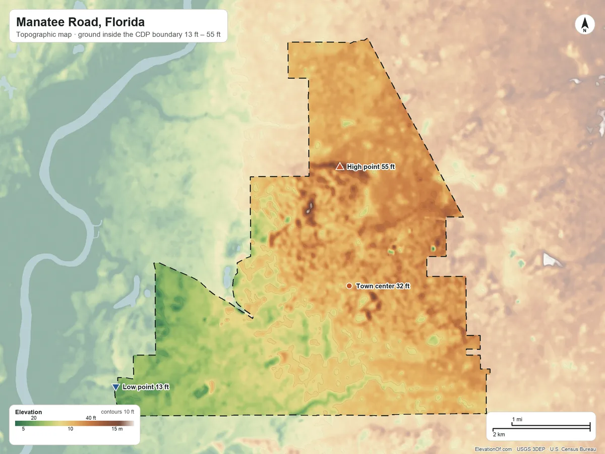 Topographic elevation map of Manatee Road, Florida, shaded from 13 ft on the southwest side to 55 ft on the north side
