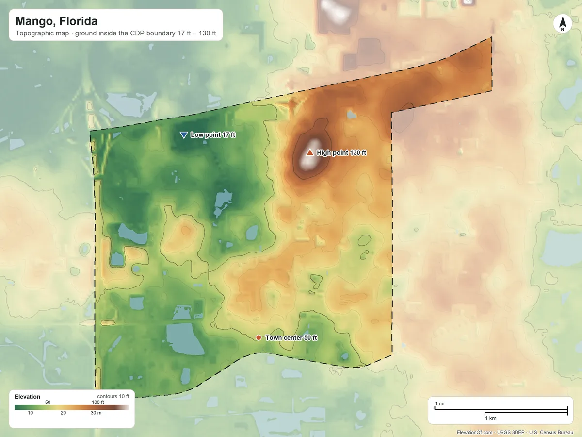 Topographic elevation map of Mango, Florida, shaded from 17 ft on the north side to 130 ft on the north side
