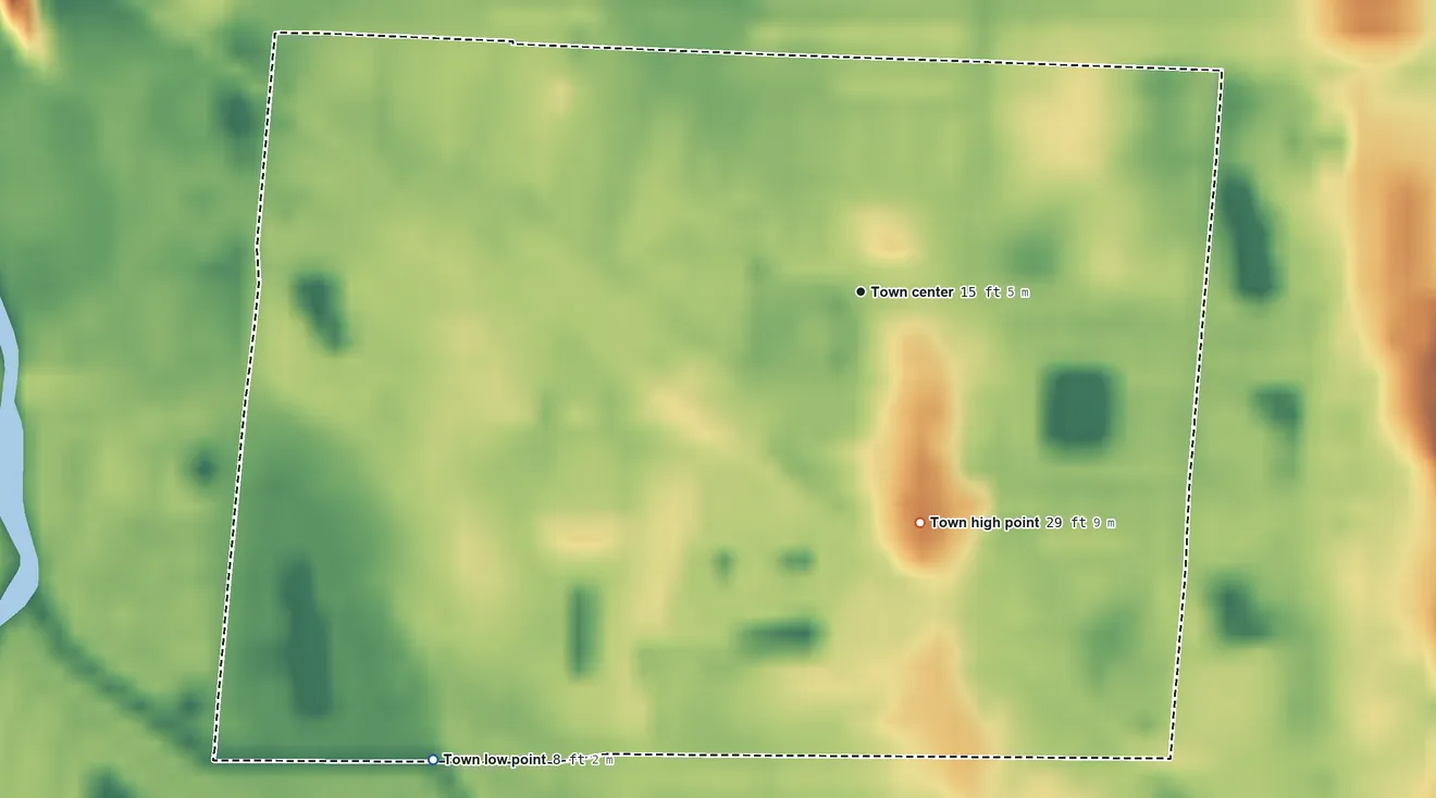 Topographic elevation map of Mangonia Park, Florida, shaded from 8 ft on the southwest side to 29 ft on the south side