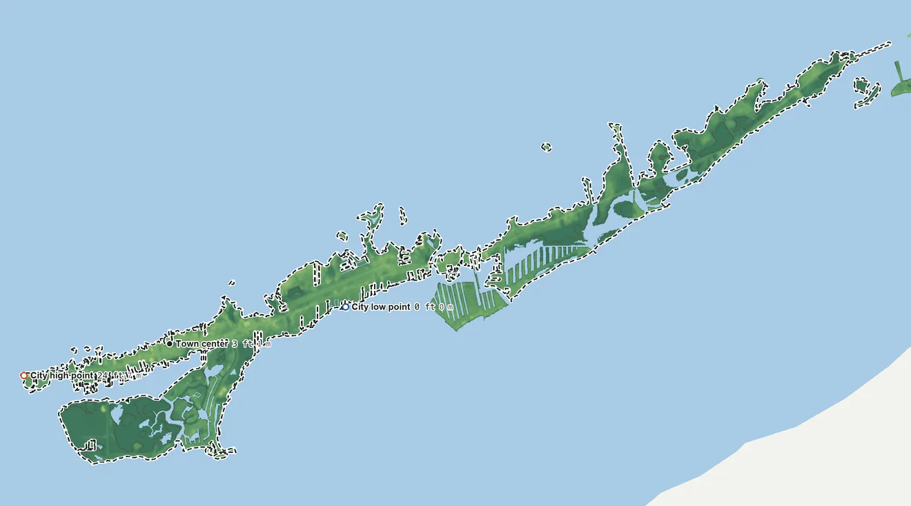 Topographic elevation map of Marathon, Florida, shaded from sea level level on the Atlantic Ocean to 24 ft on the west side