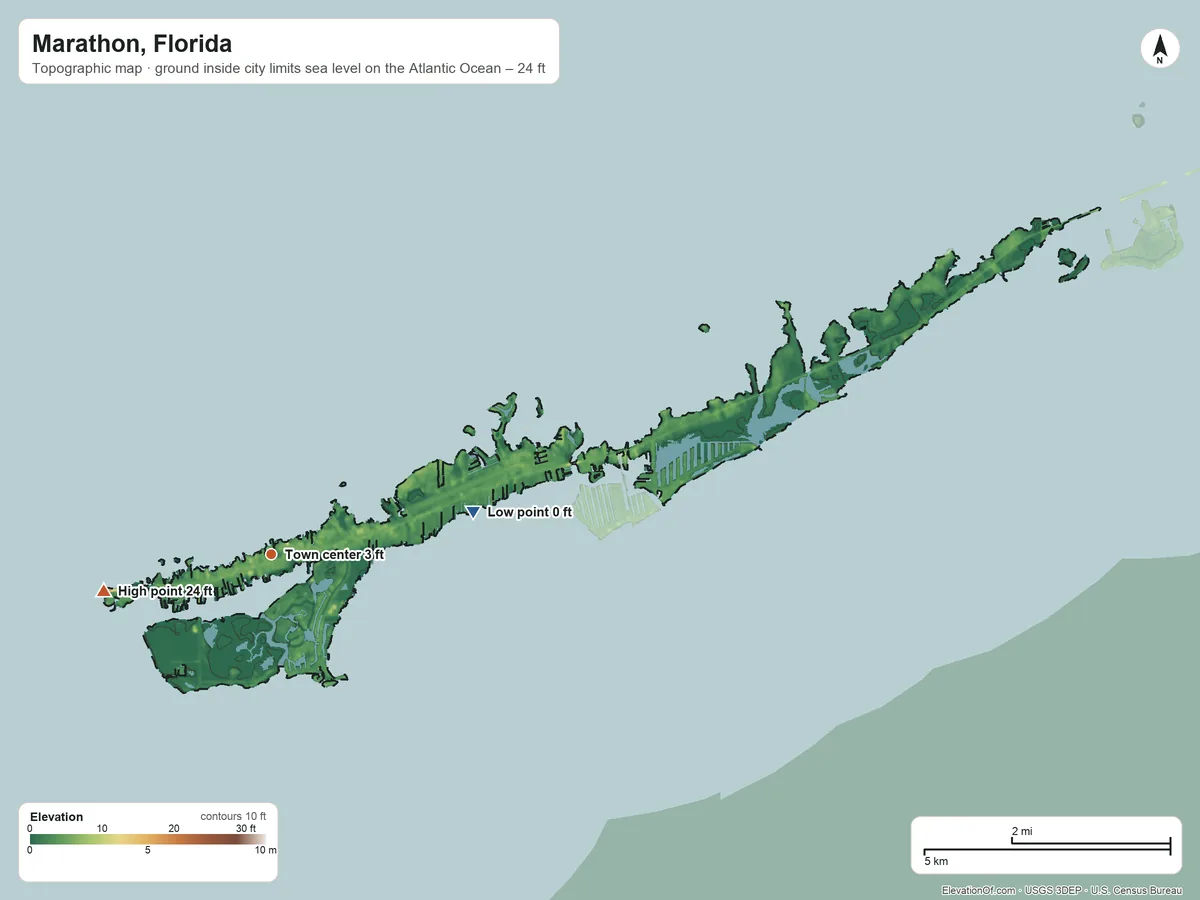 Topographic elevation map of Marathon, Florida, shaded from sea level level on the Atlantic Ocean to 24 ft on the west side