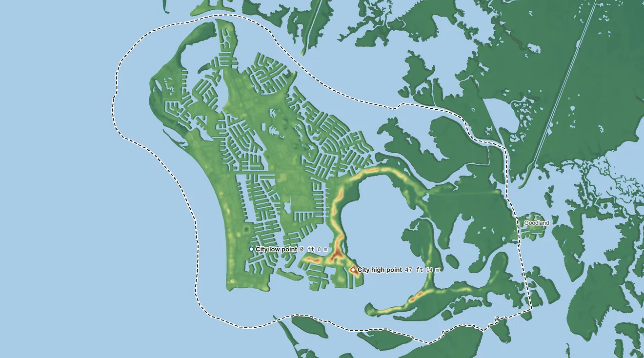 Topographic elevation map of Marco Island, Florida, shaded from sea level level on the Gulf of America to 47 ft on the southeast side