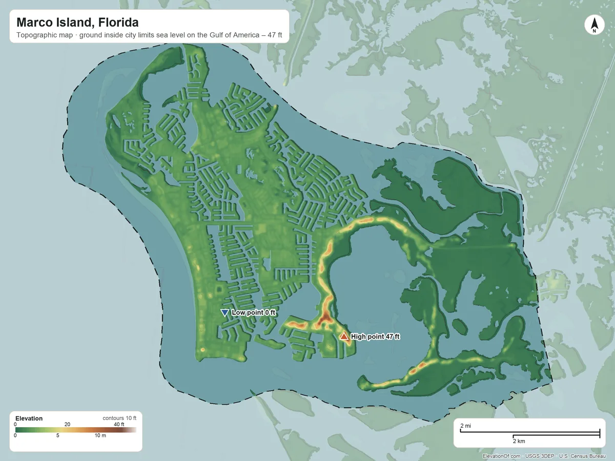 Topographic elevation map of Marco Island, Florida, shaded from sea level level on the Gulf of America to 47 ft on the southeast side