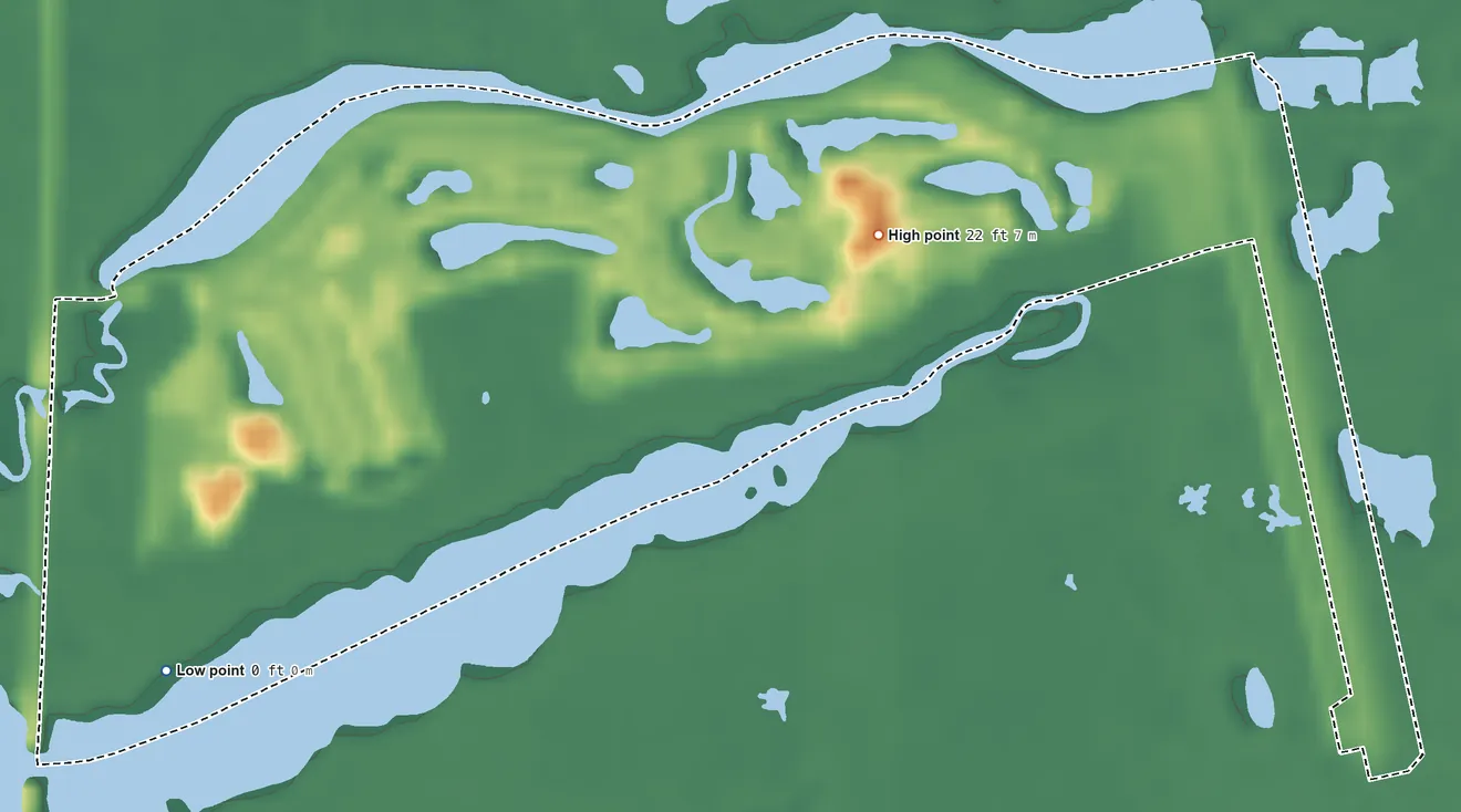 Topographic elevation map of Marco Shores-Hammock Bay, Florida, shaded from sea level level on Collier Bay to 22 ft on the northeast side