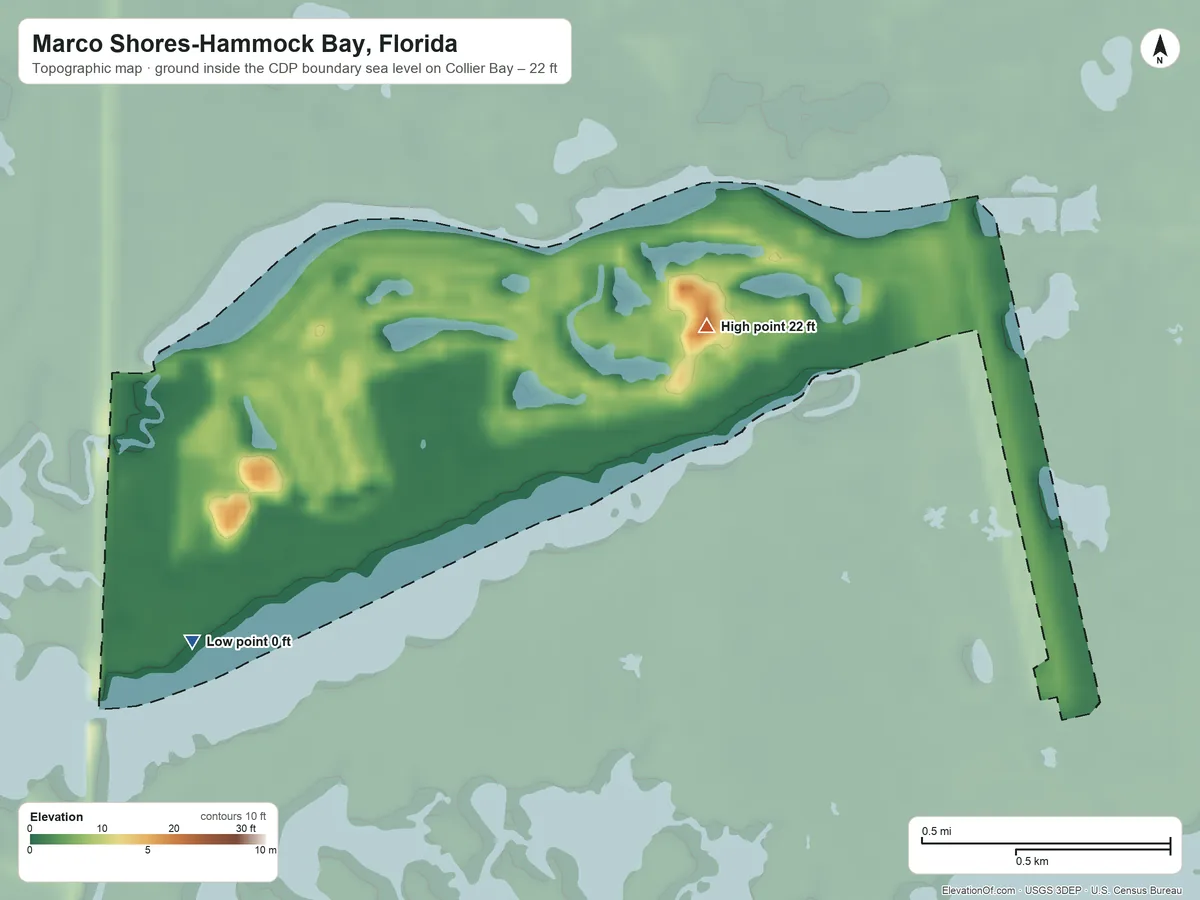 Topographic elevation map of Marco Shores-Hammock Bay, Florida, shaded from sea level level on Collier Bay to 22 ft on the northeast side