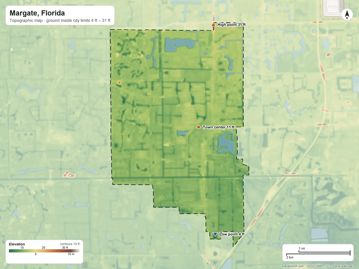 Topographic elevation map of Margate, Florida, shaded from 4 ft on the south side to 31 ft on the north side