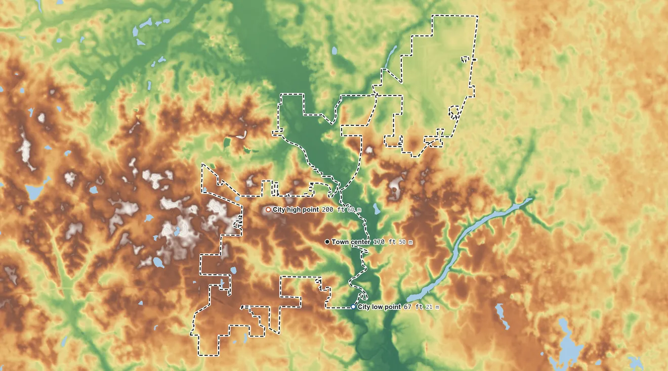 Topographic elevation map of Marianna, Florida, shaded from 67 ft on the south side to 200 ft on the northwest side