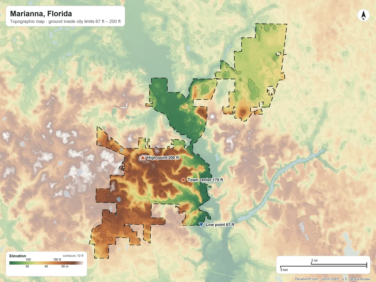 Topographic elevation map of Marianna, Florida, shaded from 67 ft on the south side to 200 ft on the northwest side