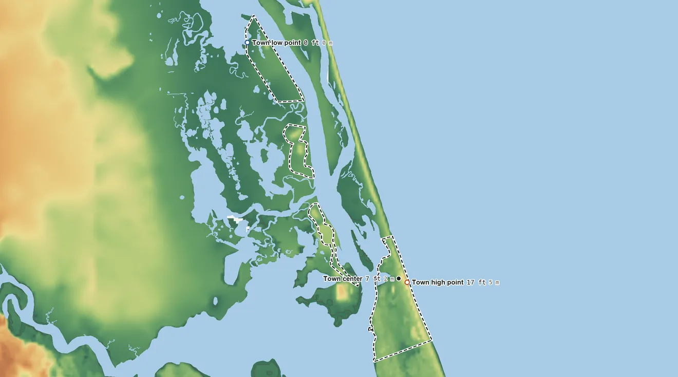 Topographic elevation map of Marineland, Florida, shaded from sea level level on the Atlantic Ocean to 17 ft near the middle