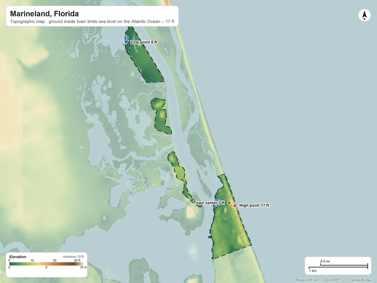 Topographic elevation map of Marineland, Florida, shaded from sea level level on the Atlantic Ocean to 17 ft near the middle