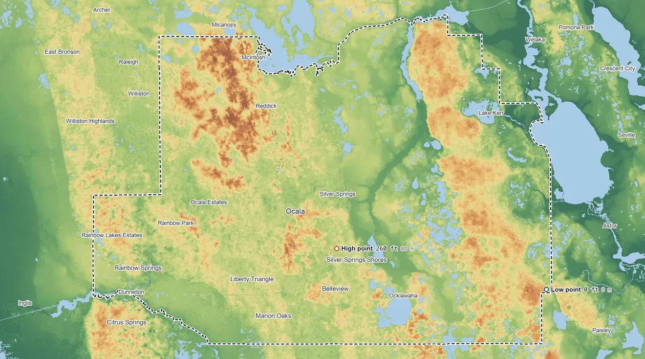 Topographic elevation map of Marion County, Florida, shaded from sea level on Devils Bay to 260 ft on the south side