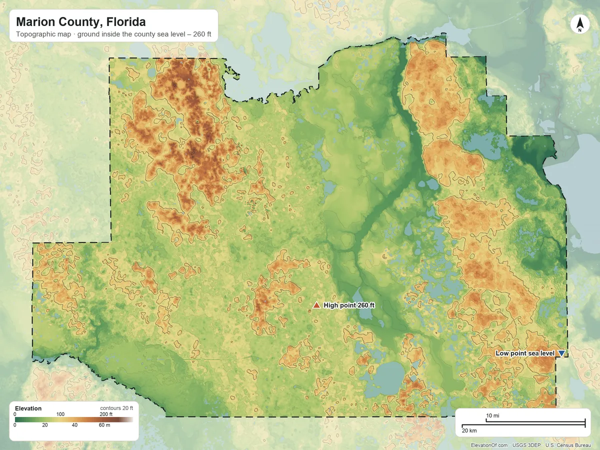 Topographic elevation map of Marion County, Florida, shaded from sea level on Devils Bay to 260 ft on the south side