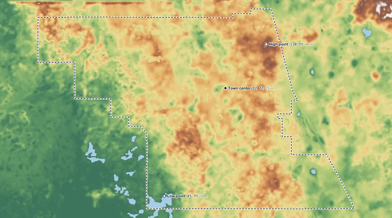 Topographic elevation map of Marion Oaks, Florida, shaded from 45 ft on the southwest side to 130 ft on the northeast side