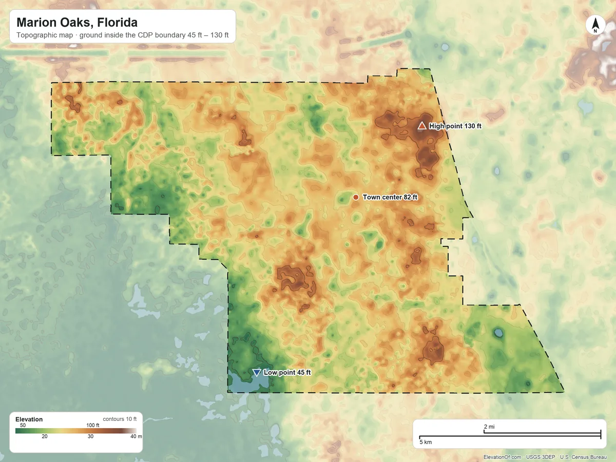 Topographic elevation map of Marion Oaks, Florida, shaded from 45 ft on the southwest side to 130 ft on the northeast side