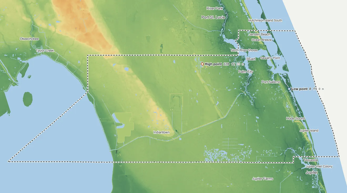 Topographic elevation map of Martin County, Florida, shaded from sea level on the Atlantic Ocean to 120 ft on the northeast side