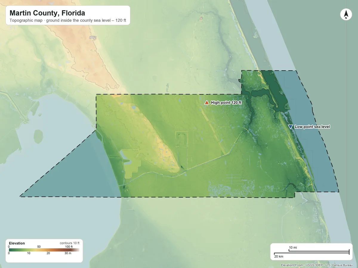 Topographic elevation map of Martin County, Florida, shaded from sea level on the Atlantic Ocean to 120 ft on the northeast side