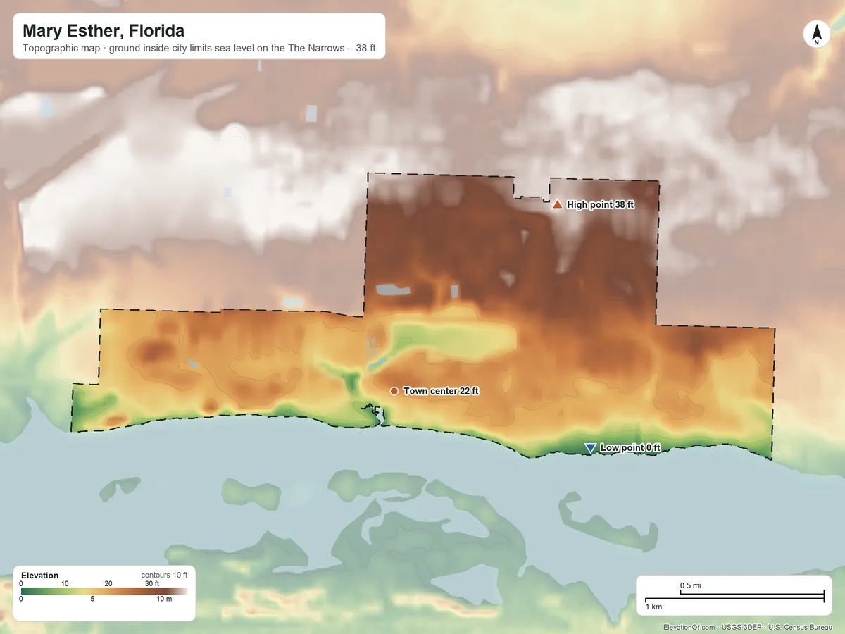 Topographic elevation map of Mary Esther, Florida, shaded from sea level level on The Narrows to 38 ft on the northeast side
