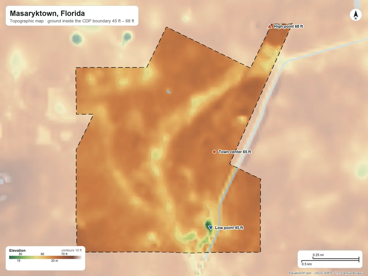 Topographic elevation map of Masaryktown, Florida, shaded from 45 ft on the south side to 68 ft on the northeast side