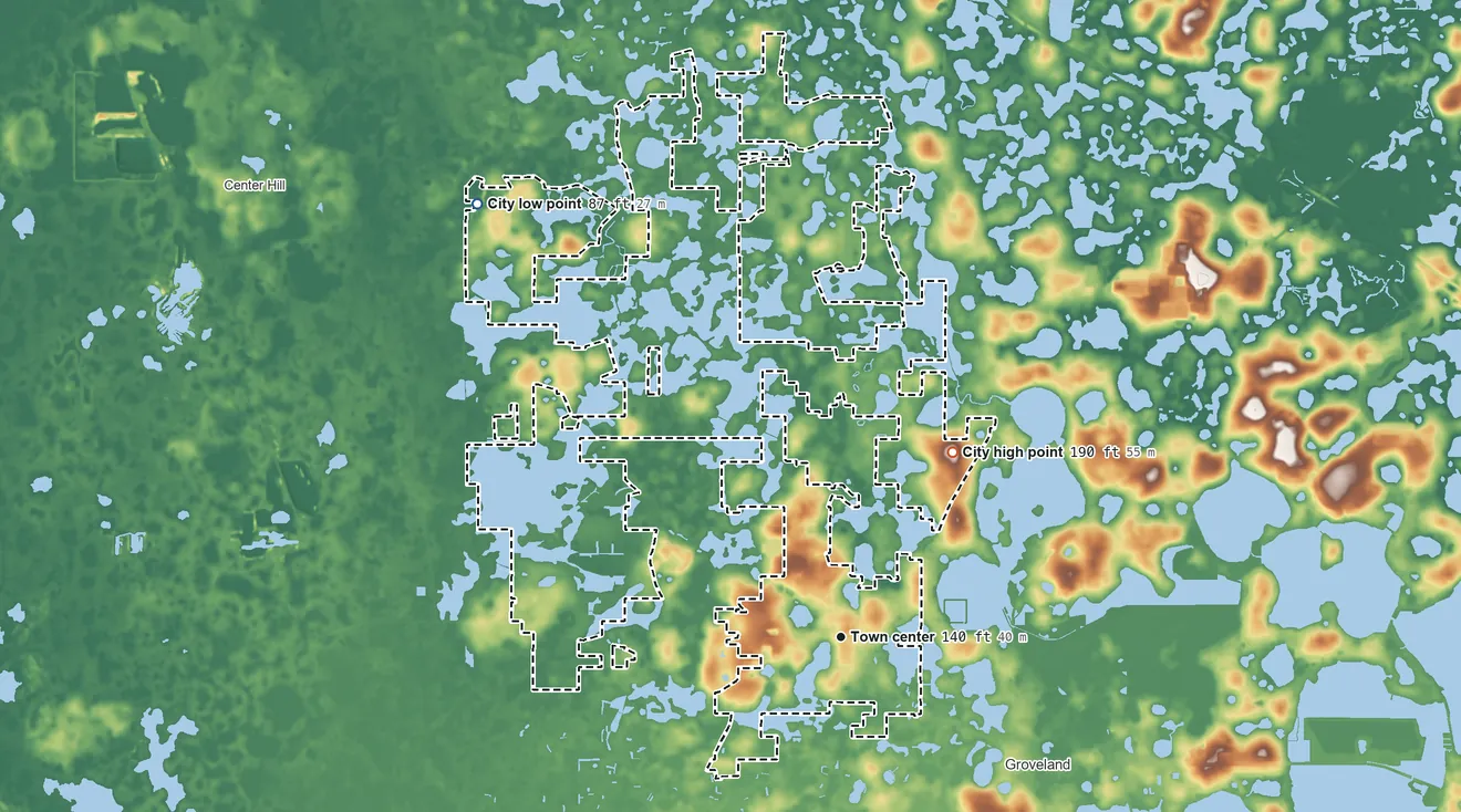 Topographic elevation map of Mascotte, Florida, shaded from 87 ft on the northwest side to 190 ft on the northeast side