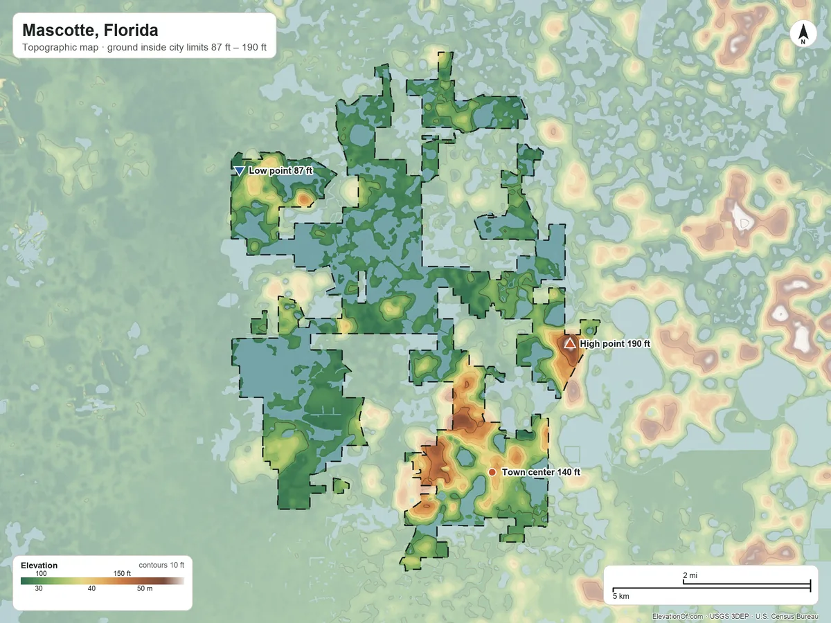 Topographic elevation map of Mascotte, Florida, shaded from 87 ft on the northwest side to 190 ft on the northeast side
