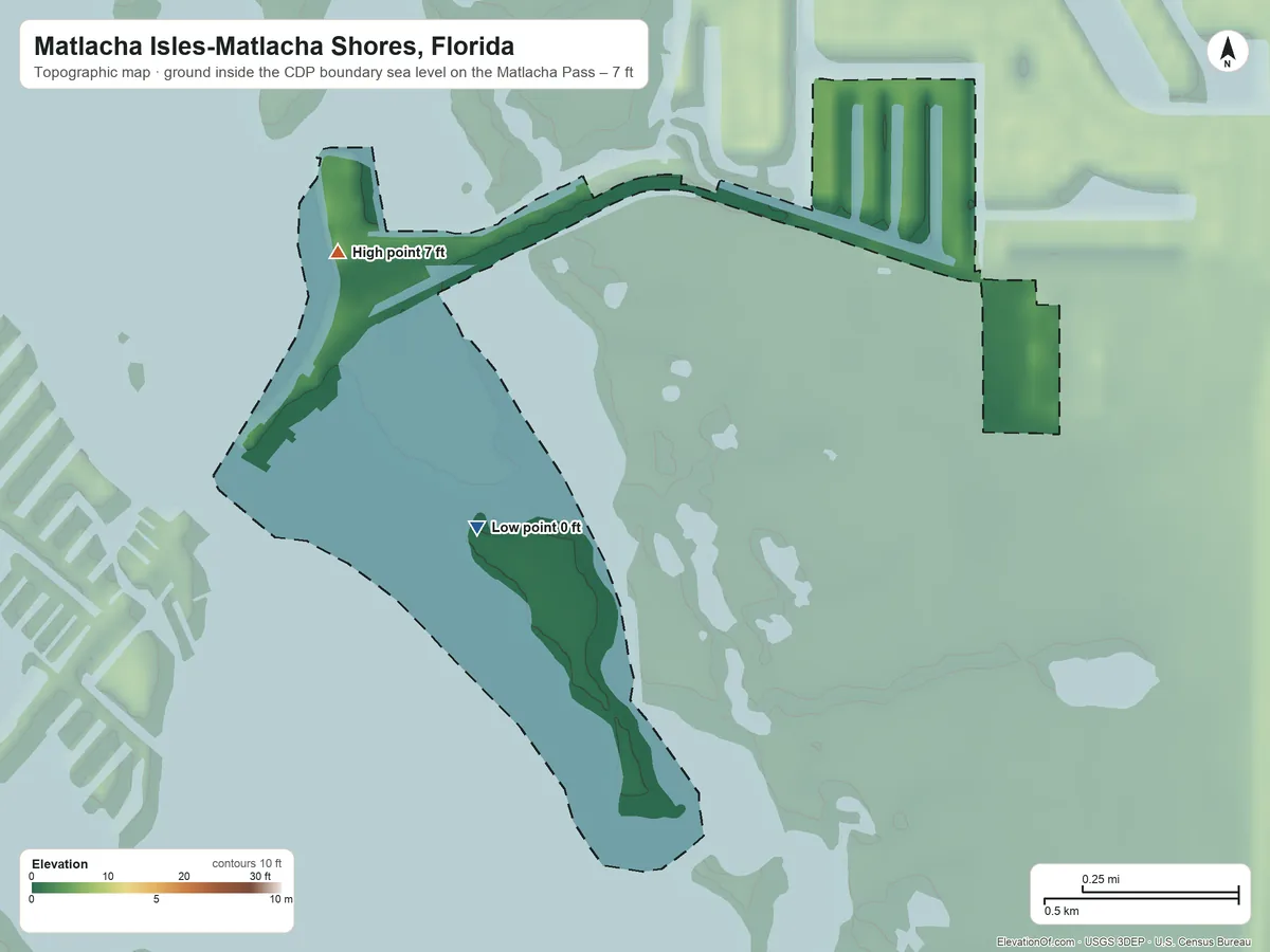 Topographic elevation map of Matlacha Isles-Matlacha Shores, Florida, shaded from sea level level on the Matlacha Pass to 7 ft on the west side