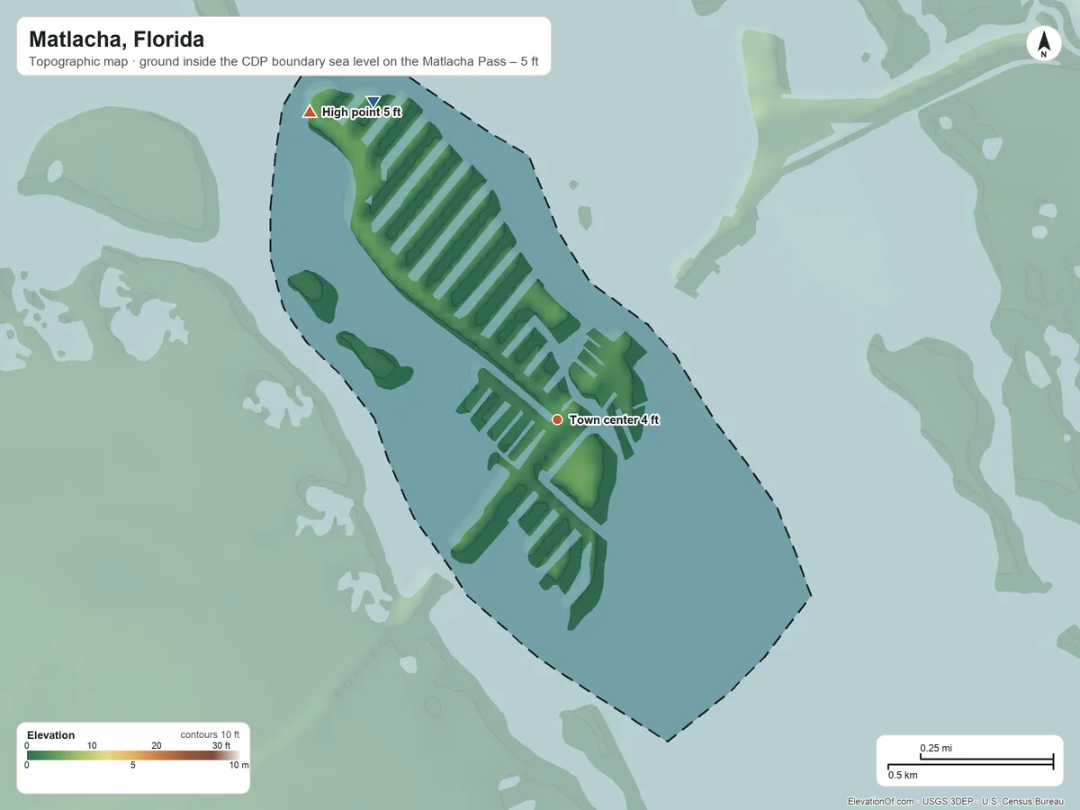 Topographic elevation map of Matlacha, Florida, shaded from sea level level on the Matlacha Pass to 5 ft on the northwest side