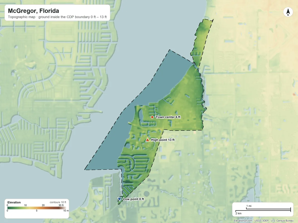 Topographic elevation map of McGregor, Florida, shaded from 0 ft on the south side to 13 ft on the south side