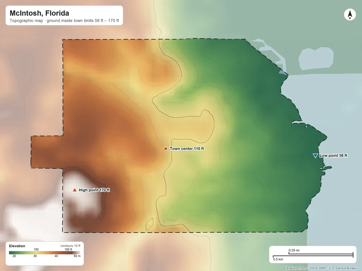 Topographic elevation map of McIntosh, Florida, shaded from 58 ft on the east side to 170 ft on the southwest side