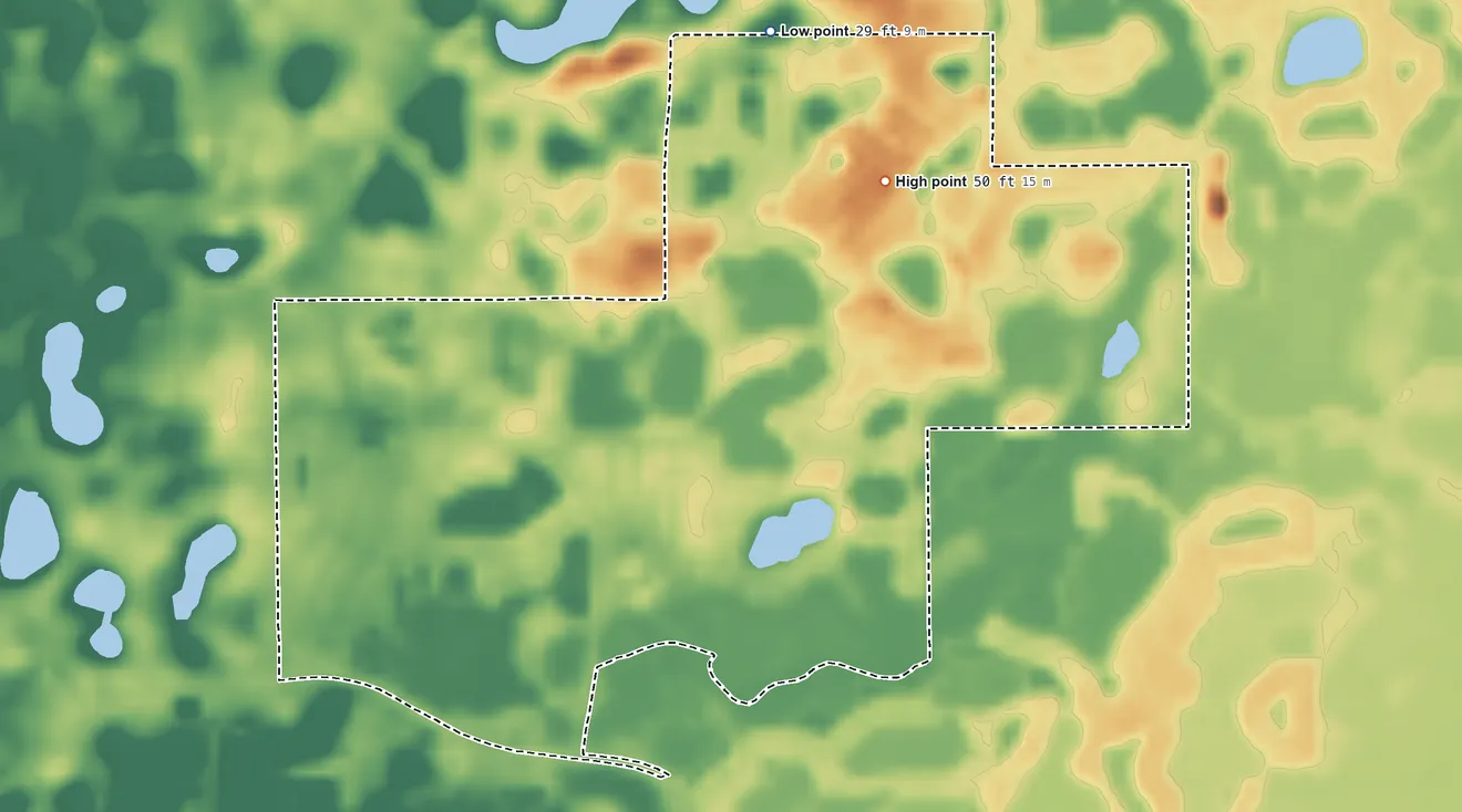 Topographic elevation map of Meadow Oaks, Florida, shaded from 29 ft on the north side to 50 ft on the northeast side