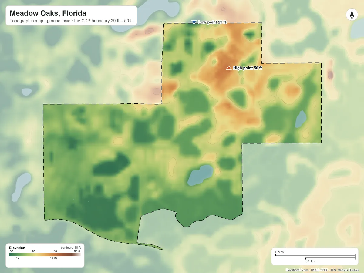 Topographic elevation map of Meadow Oaks, Florida, shaded from 29 ft on the north side to 50 ft on the northeast side