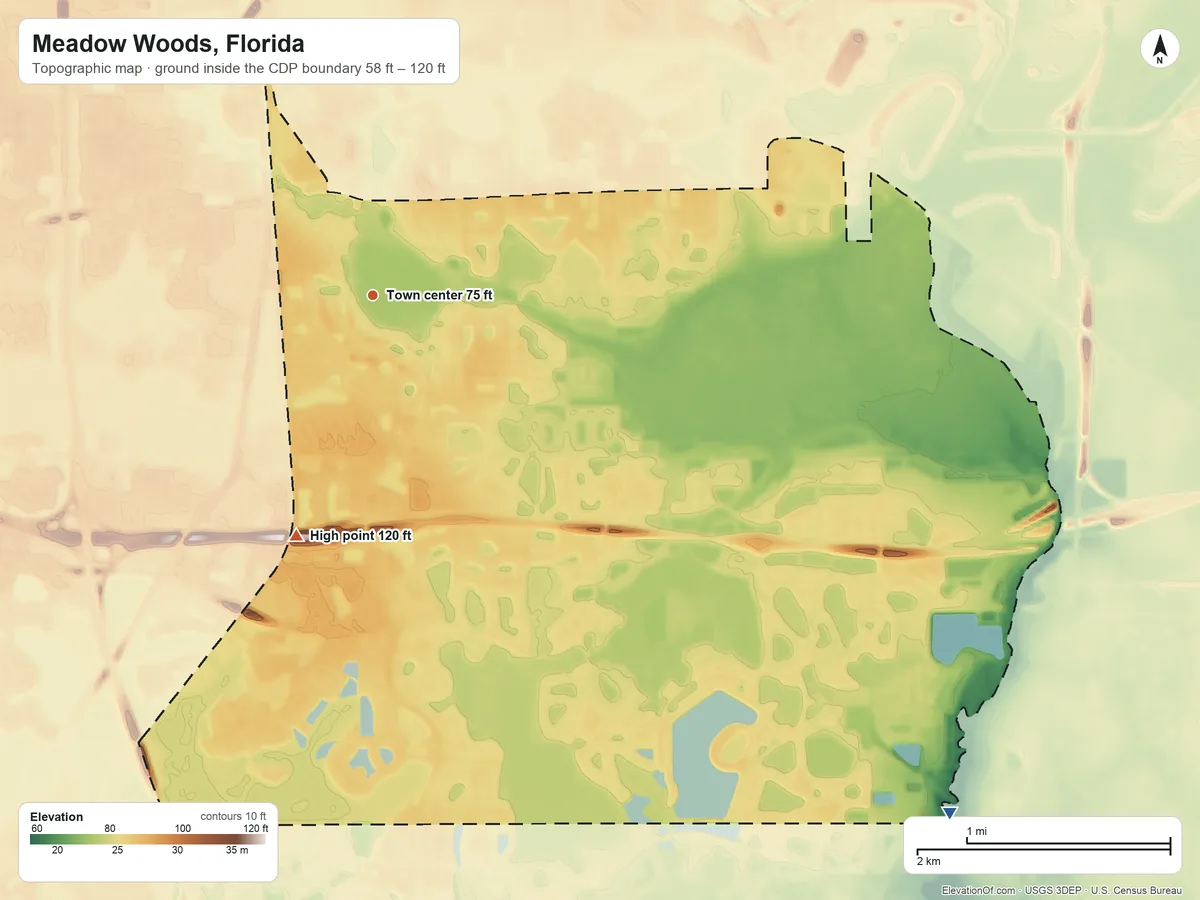 Topographic elevation map of Meadow Woods, Florida, shaded from 58 ft on the southeast side to 120 ft on the south side