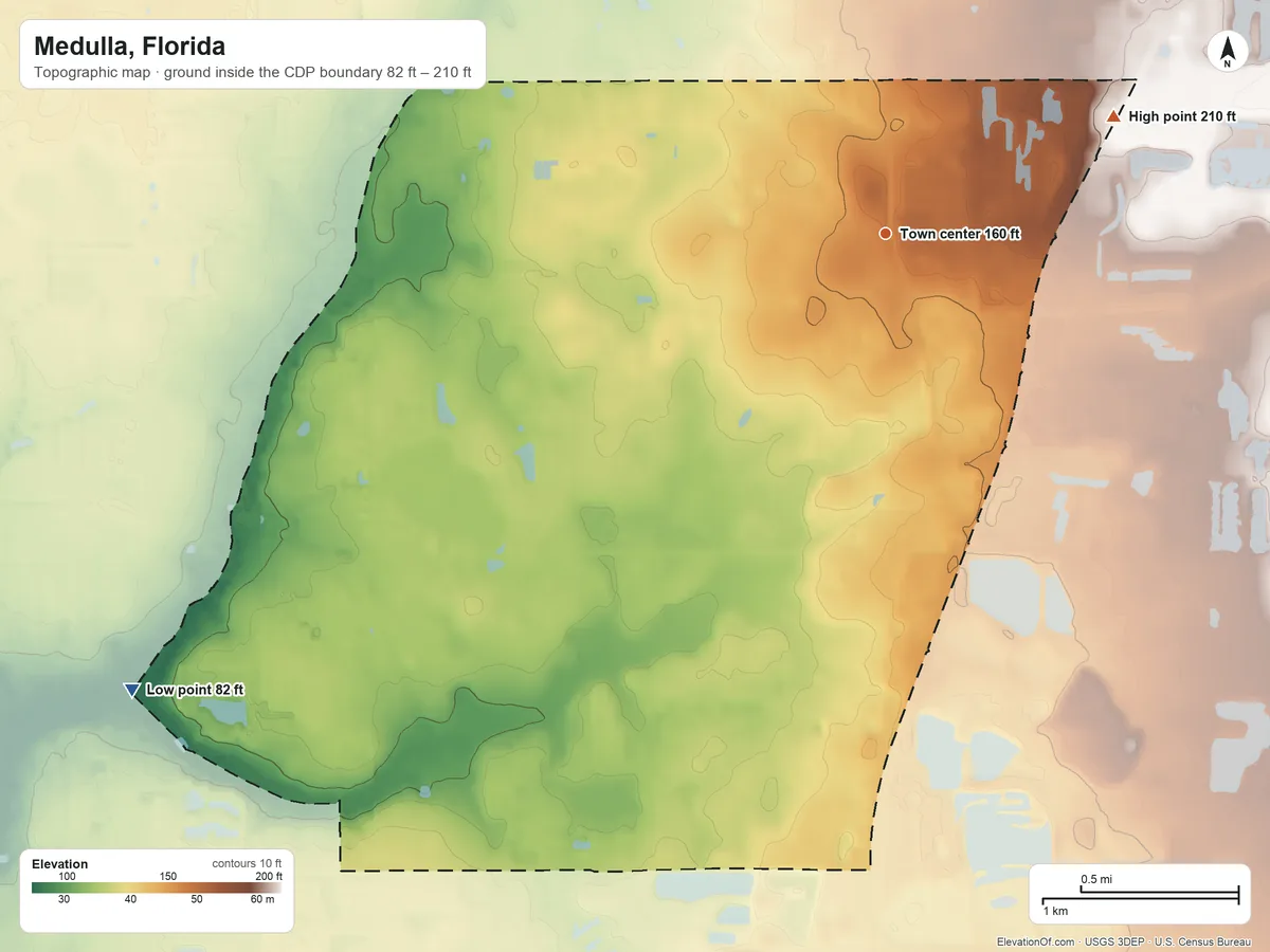 Topographic elevation map of Medulla, Florida, shaded from 82 ft on the southwest side to 210 ft on the northeast side