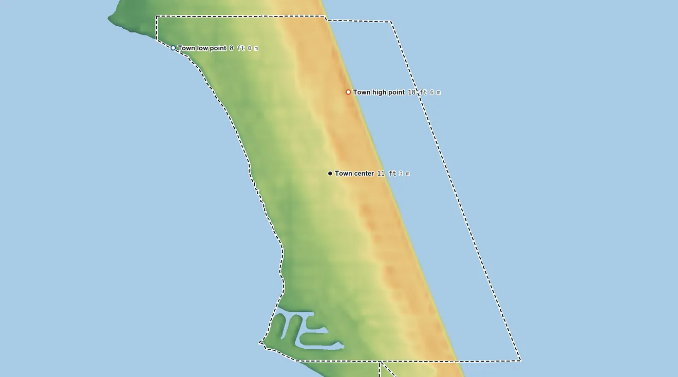 Topographic elevation map of Melbourne Beach, Florida, shaded from sea level level on the Atlantic Ocean to 18 ft on the north side