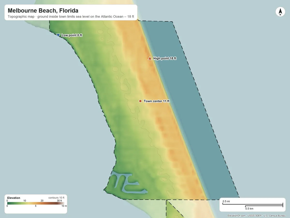 Topographic elevation map of Melbourne Beach, Florida, shaded from sea level level on the Atlantic Ocean to 18 ft on the north side